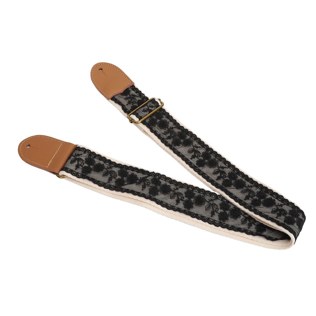 Kytarový popruh Černý krajkový design Nastavitelná délka Univerzální popruh pro basové, elektrické, akustické kytary