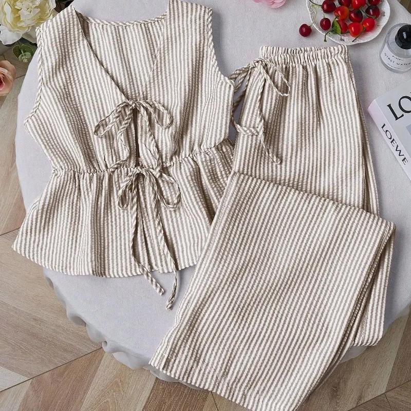 Summer Two Piece Set Women Striped V Neck Lace Up Sleeveless Blouse High Waist Wide Leg Pants Suits Sweet Casual Tracksuits