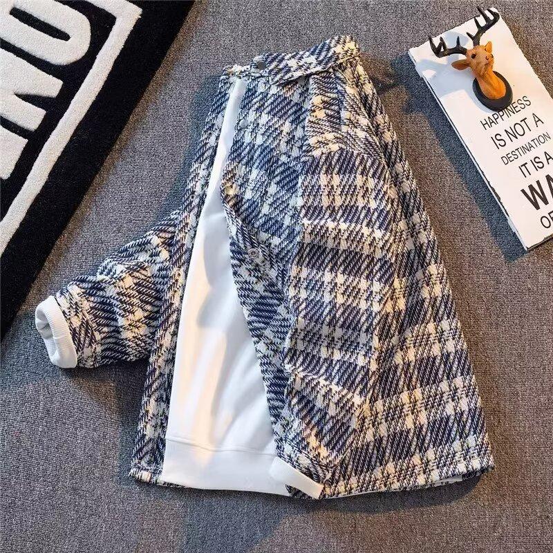 

Мужская рубашка в клетку с утолщенным воротником-стойкой, осенне-зимняя, большого размера, короткая рубашка в стиле ретро XS