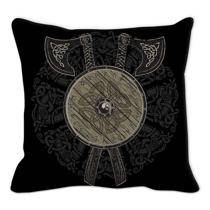 Viking Runes Compass Cushion Cover Peach Skin Norse Mythology Throw Pillowcase Black Celtic Knot Sofa Living Room Home Decor