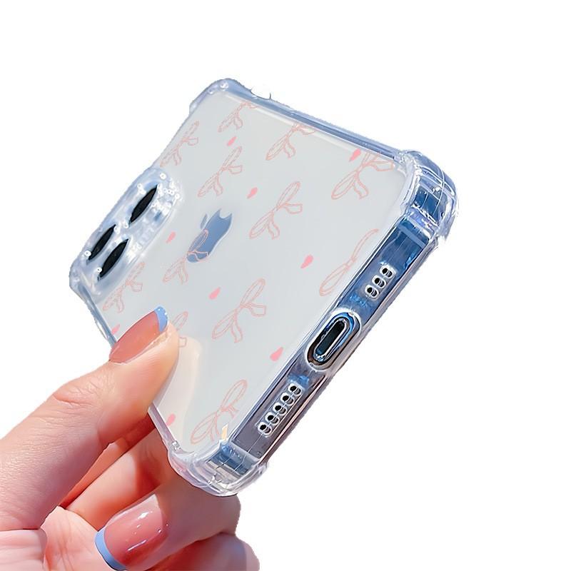 Pink bow is suitable for Apple 17 all-inclusive iPhone15promax transparent 12 four corners anti-drop 17 mobile phone case 13