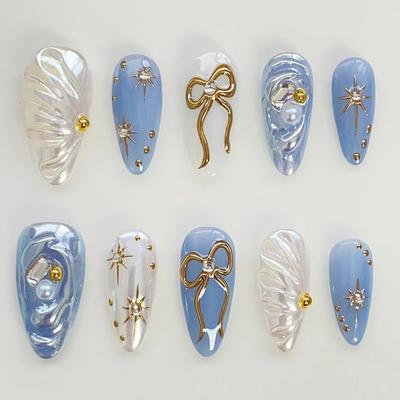 Ozeanblau Vergoldet Schleife Astral Wellig Temperament Abnehmbare Nagelkunst 24 Stück
