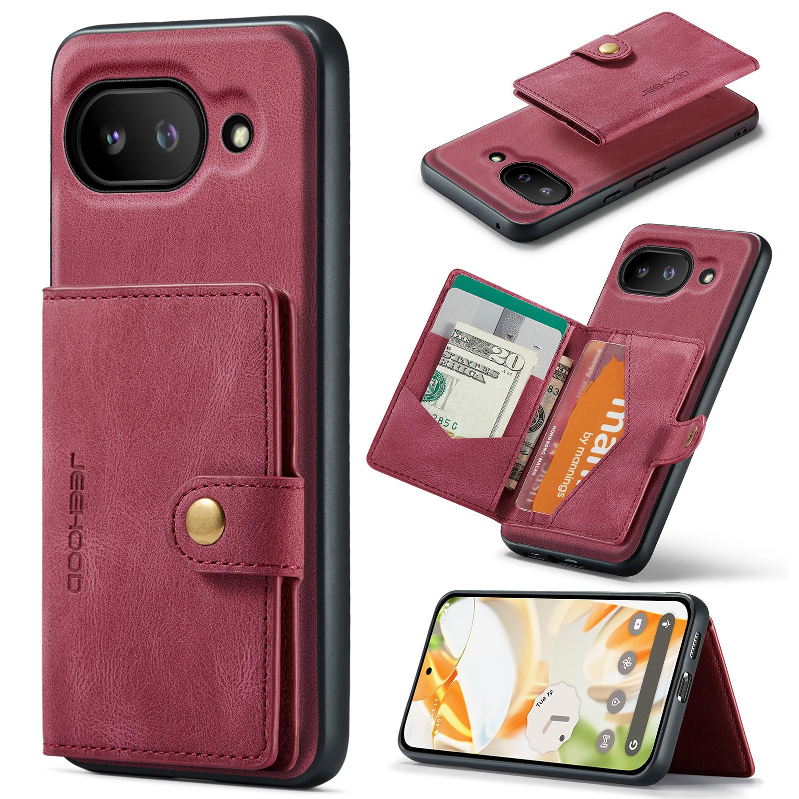 

For Google Pixel 9a Case JEEHOOD J01 Retro Leather Phone Back Cover with Detachable Magnetic Card Holder Red