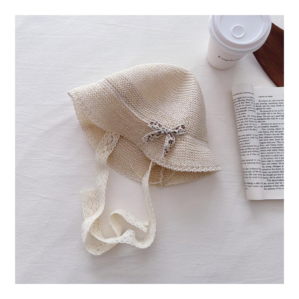 New Summer Kids Sun Hat Sweet Lace Bow Girls Straw Hat with Straps Beach Vacation Children Breathable Fisherman Hat