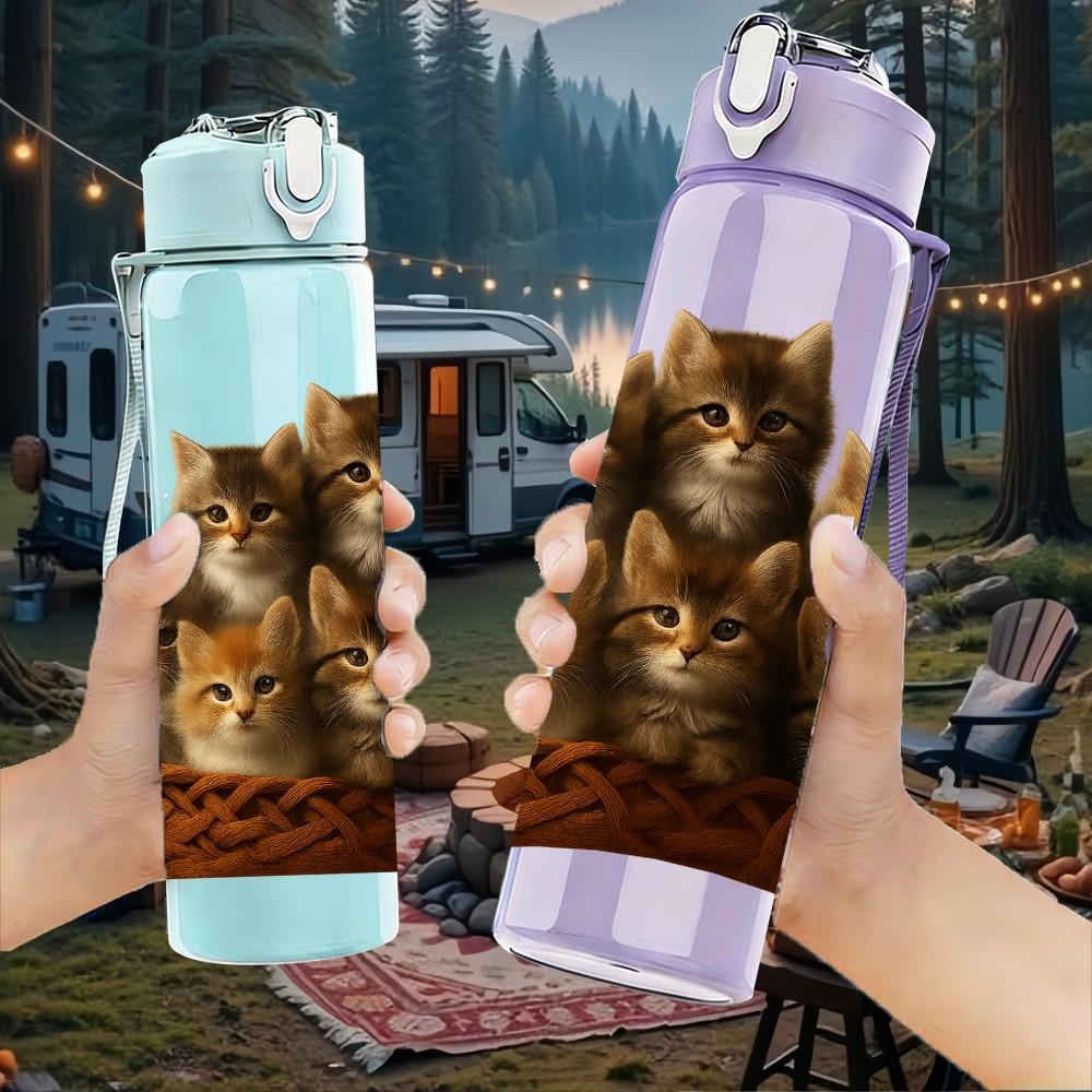 1PC Group Of Fluffy Kittens Print 750ml Color Plastic Sports Water Bottle Leakproof Flip Straw Lid Suitable for Sports Office Home Use