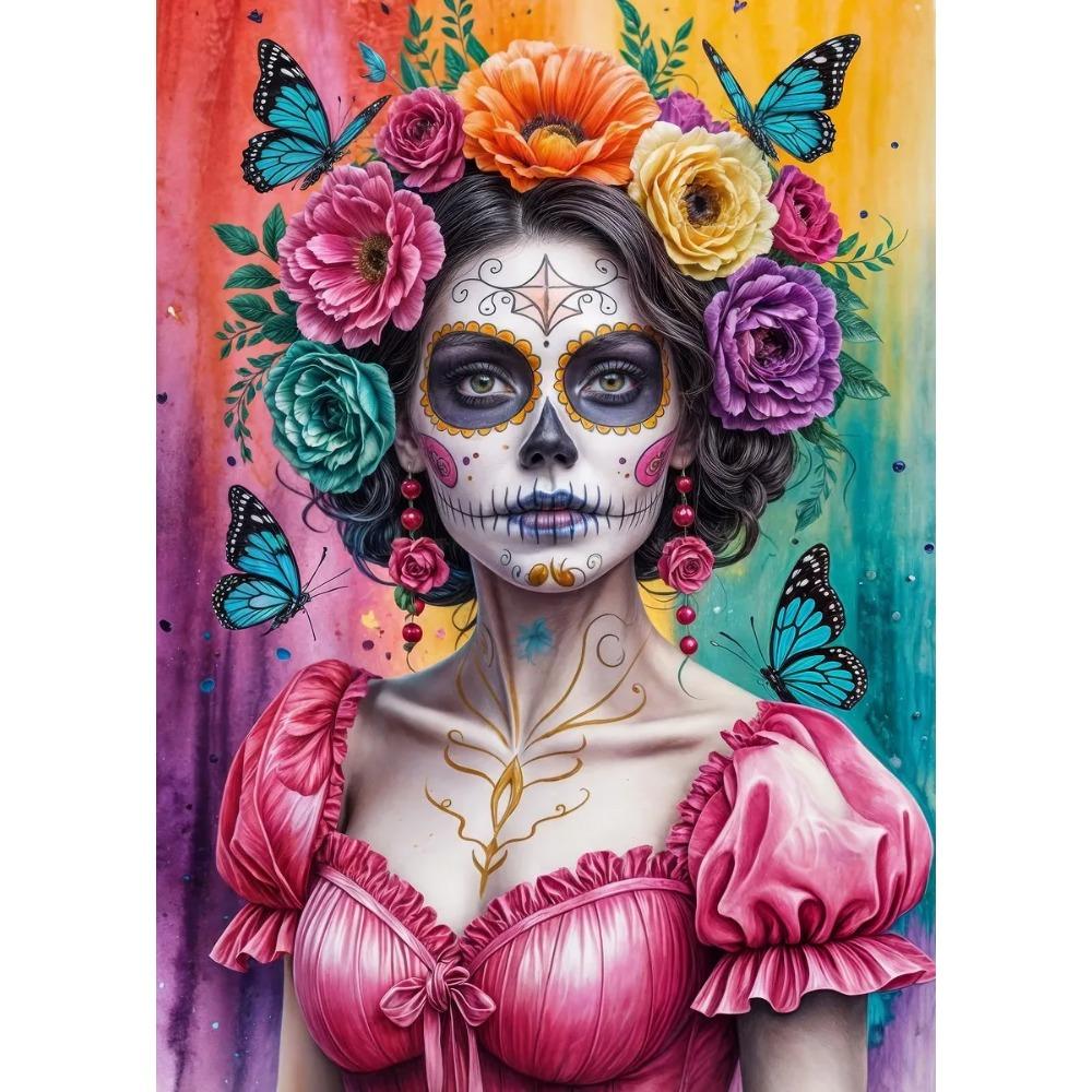 Terrifying Los Muertos Sugarskull Girl with Flowers Posters Day of the Dead Prints Canvas Printing Wall Pictures Home Room Decor