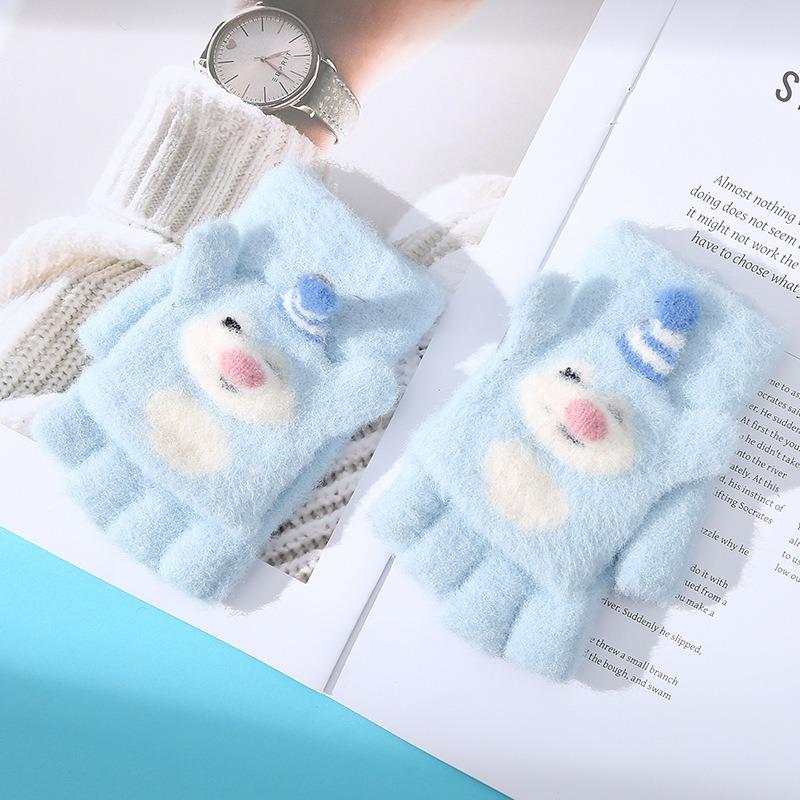 Nouveaux gants thermiques pour enfants raton laveur de dessin animé hiver protection contre le froid épaissis petite fille écriture demi-doigts rabattables cinq doigts