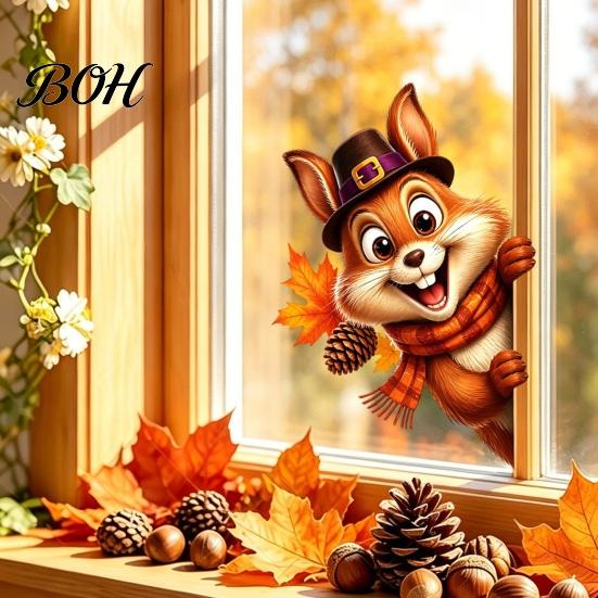 Decorative PVC Window Film Thanksgiving Sticker, Static Cling Fall Decal, Removable Autumn Decals Cute Animal Sticker for Holiday Decoration