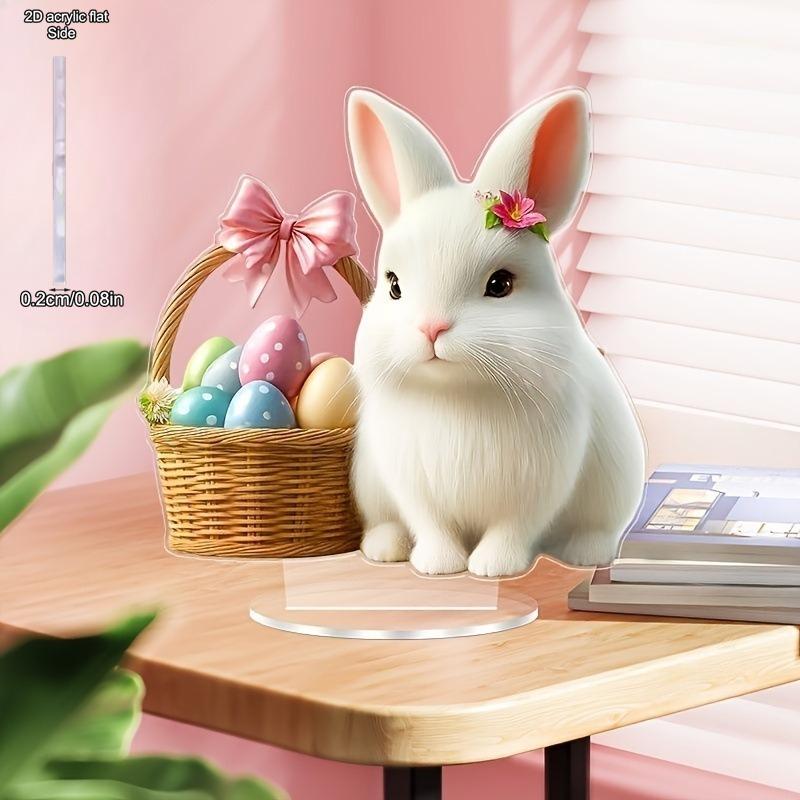 2D Flat Acrylic Cute Rabbit Holding Flower Basket Decoration, Indoor and Outdoor Decoration - No Battery/electricity Required, Free Day Decoration, S