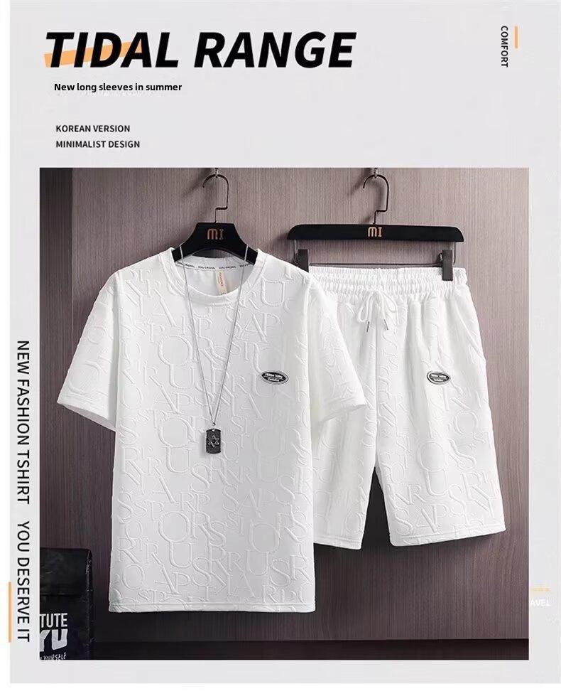 Men's Casual Two-Piece Jacquard Letter T-Shirt & Wide-Leg Shorts Set