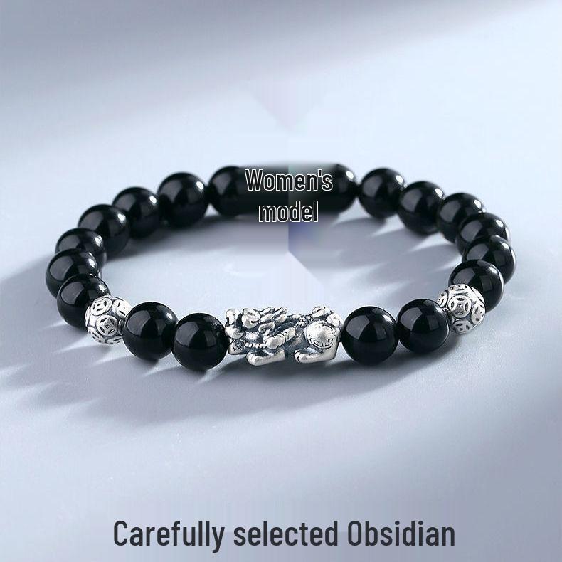Посеребренный браслет Пиксиу из черного обсидиана для мужчин - Ретро-бусины для удачи и парный стиль, подарок для девушки