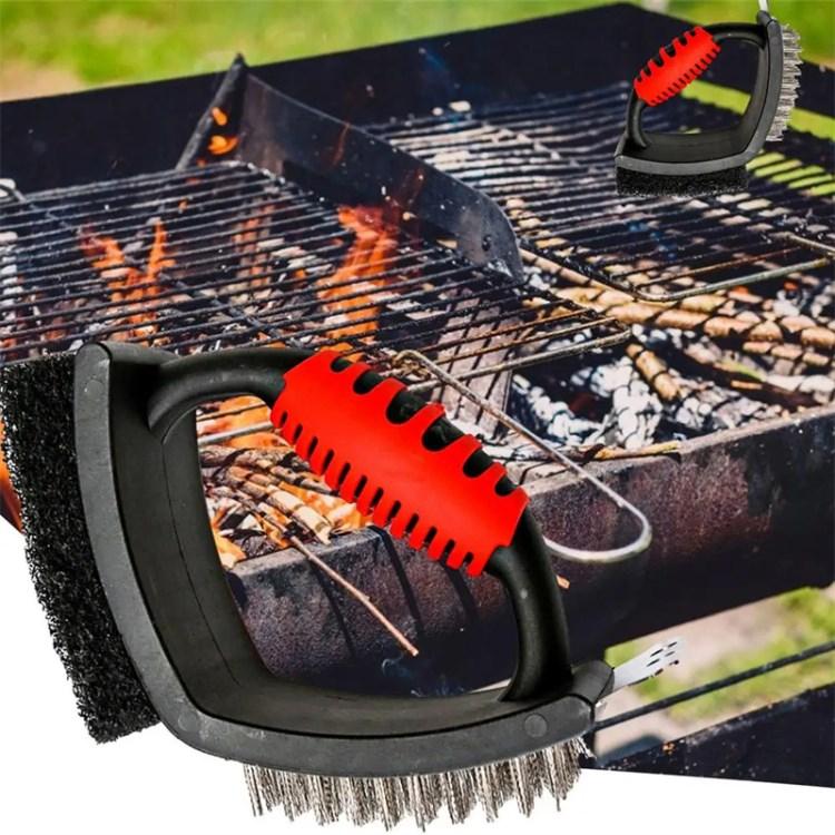 

3-in-1 Barbecue Cleaning Brush Steel Wire/Copper Wire BBQ Brush Scouring Pad Scraper Steel Wire Brush