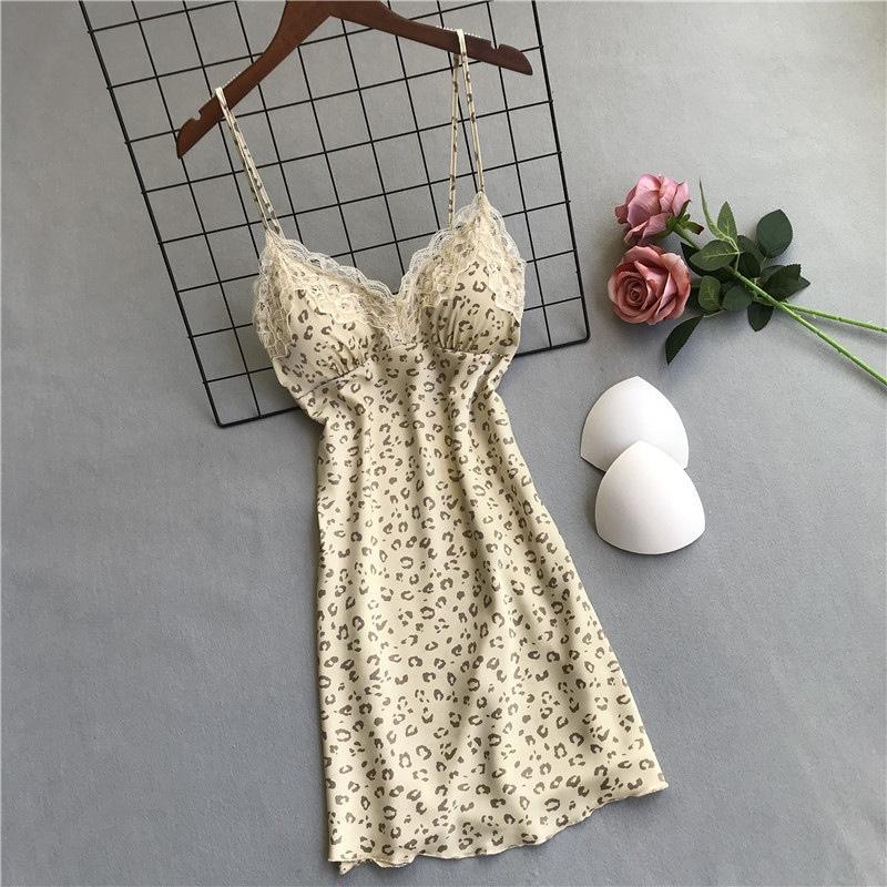 Leopard print pajamas women's spring and autumn sexy Ice Ribbon chest pad satin chiffon summer thin beautiful back new suspender nightdress