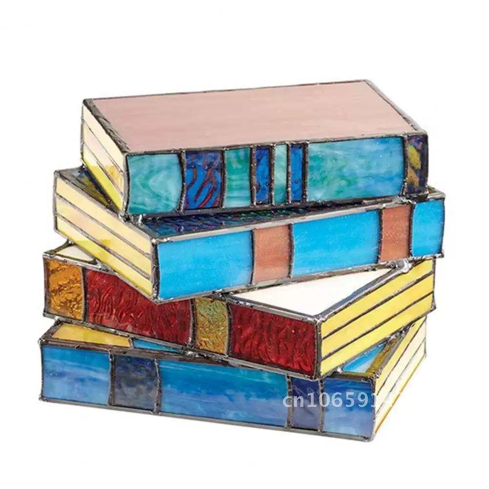 Stained Glass Stacked Book Nightstand Colorful Resin Vintage Desk Table Home Study Reading Lamp Bedroom Decoration