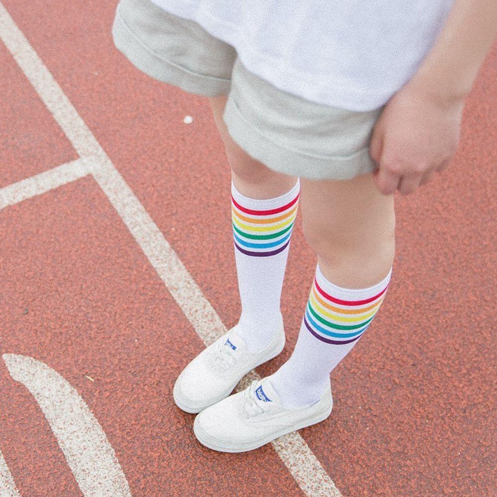 Women Knee Over Cotton Stocking Football Socks Rainbow Stripe Long Hosiery