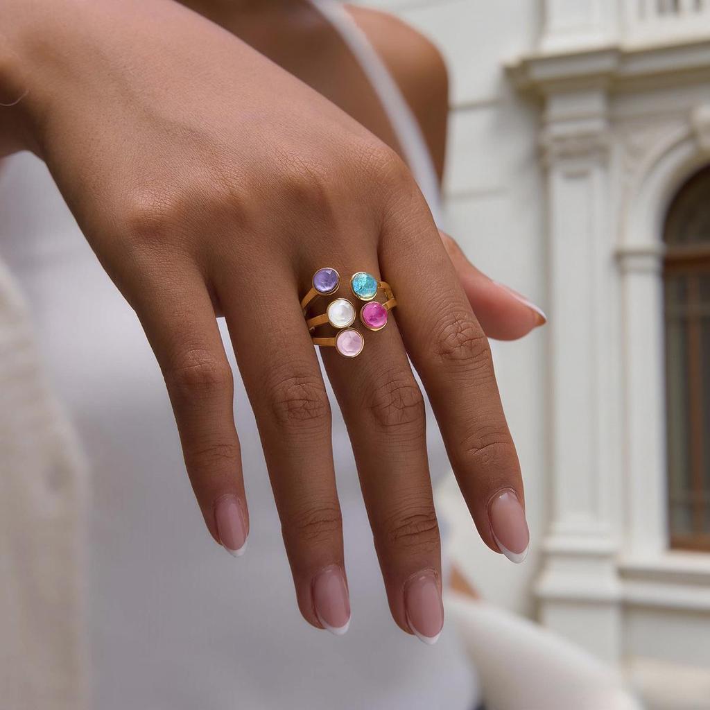 Wanxing 18K Gold Plated Stainless Steel Colorful Rhinestone Multi-layer Open Round Ring - Women's Classic Style