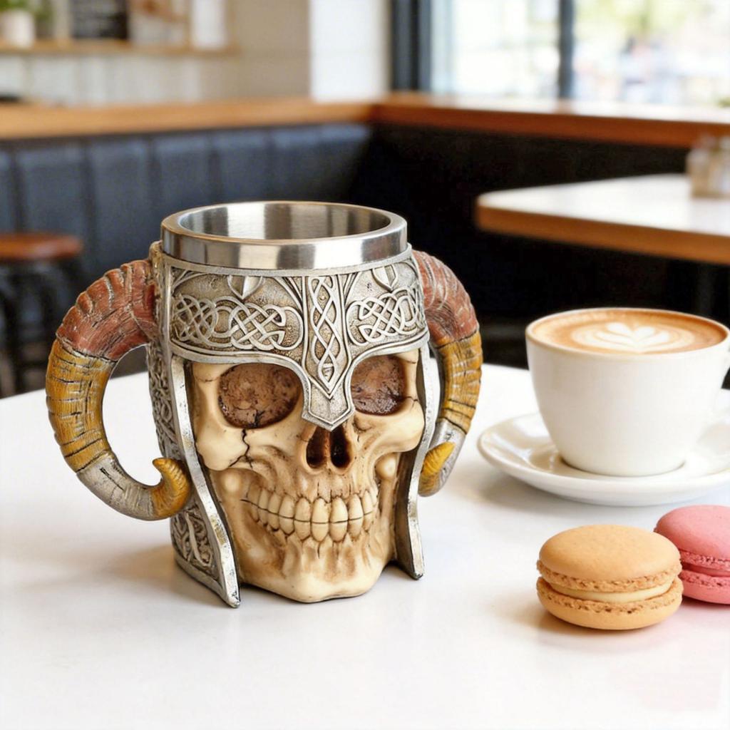 Vintage Skull Knight Croissant Cup Stainless Steel Liner Resin Mug Office Home Ornament