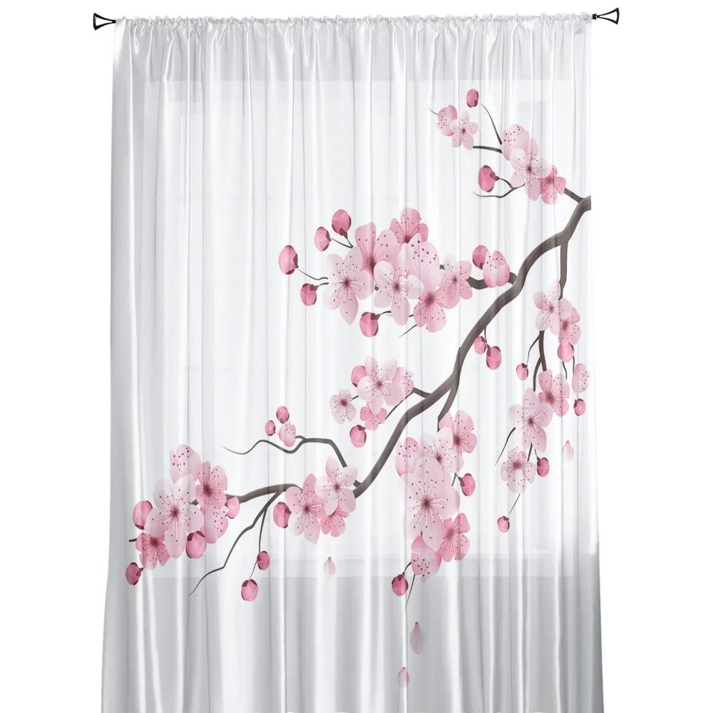 Japanese Pink Flower Cherry Blossom White Sheer Drapes for Living Room Bedroom Decor Window Curtain Curtain Panels