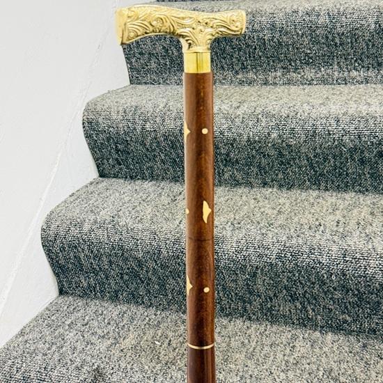 Messing Designer Viktorianischer Derby-Griff Gehstock Brauner Holz-Einlege-Stock Londoner Verkäufer