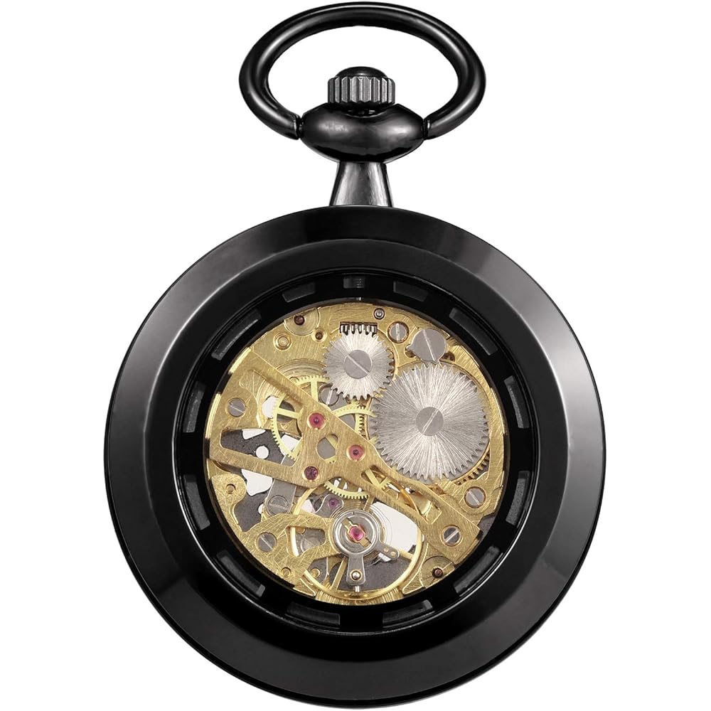 Treeweto Antique Mechanical Skeleton Pocket Watch Hand-Wound Men's with Chain Black