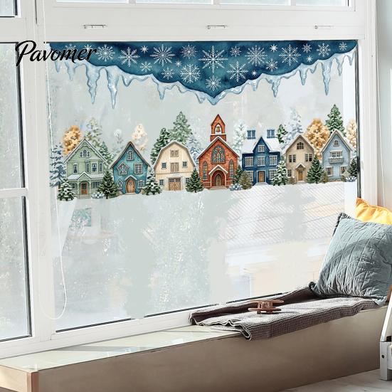 Indoor Festive Atmosphere Decor Christmas Winter Village Static Window Clings, Snowflake Snow House Reusable Film Stickers, Removable Decals for Xmas