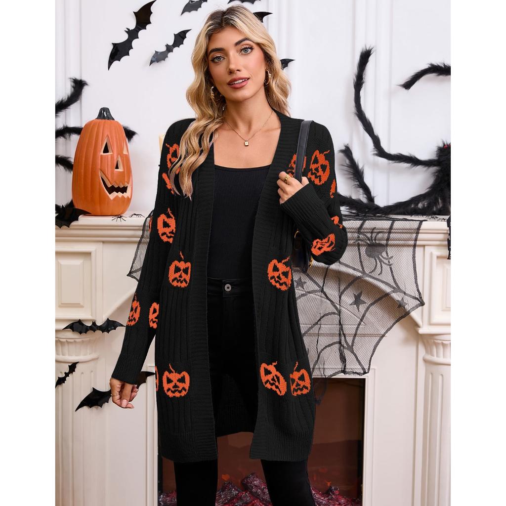 Women's V Neck Long Sleeve Pumpkin Print Knit Open Front Mid Length Cardigan