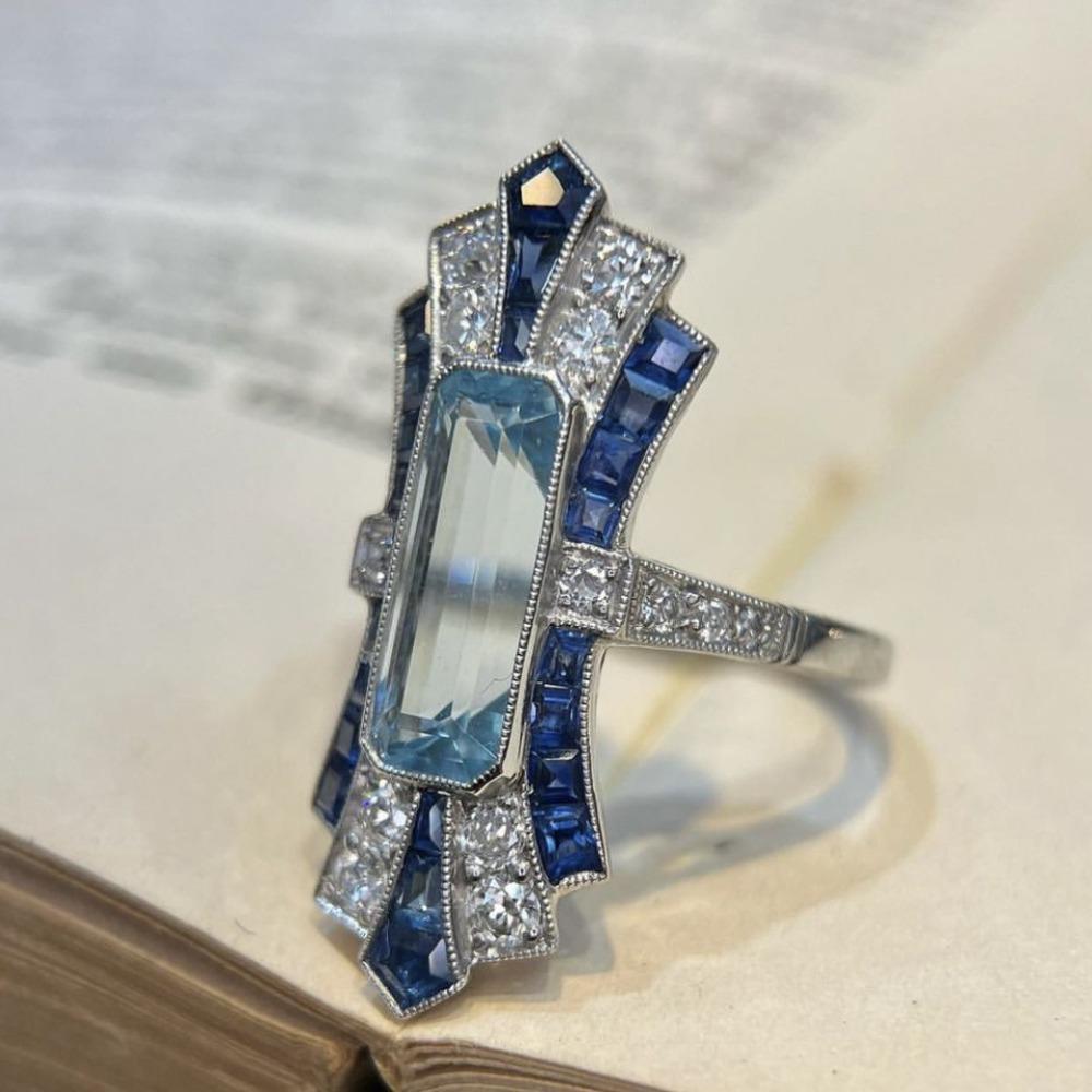 Classic Luxury Shining Micro-inlay Zircon Court Sapphire Geometry Cross Rings for Women Men Fashion Temperament Finger Jewelry