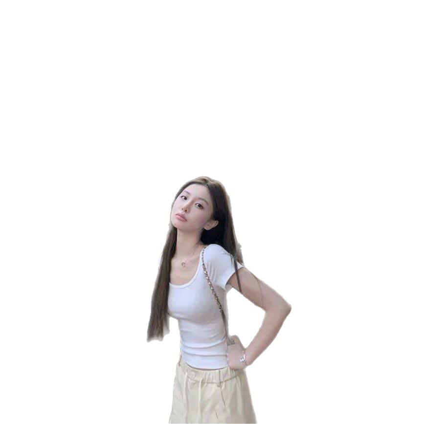U-neck Short-sleeved T-shirt Women's Summer New Inner Fit Slim and Thin Korean Base Spice Girl Black Top