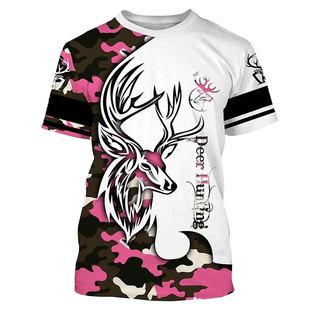 2024 Men's Hunting Deer Pattern Printed Summer O-neck T-shirt Casual Short Sleeve Fashionable Street Clothing Men's Clothing