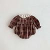 Autumn Retro Plaid Romper with Lace Collar for Baby Girls, Outdoor Crawling Suit