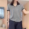 Women's Plus Size Color Block Lapel Knitted Short Sleeve Ice Silk T-Shirt - Loose, Versatile, High-End Summer Top