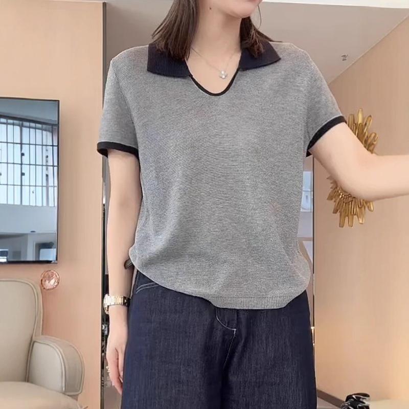 Women's Plus Size Color Block Lapel Knitted Short Sleeve Ice Silk T-Shirt - Loose, Versatile, High-End Summer Top