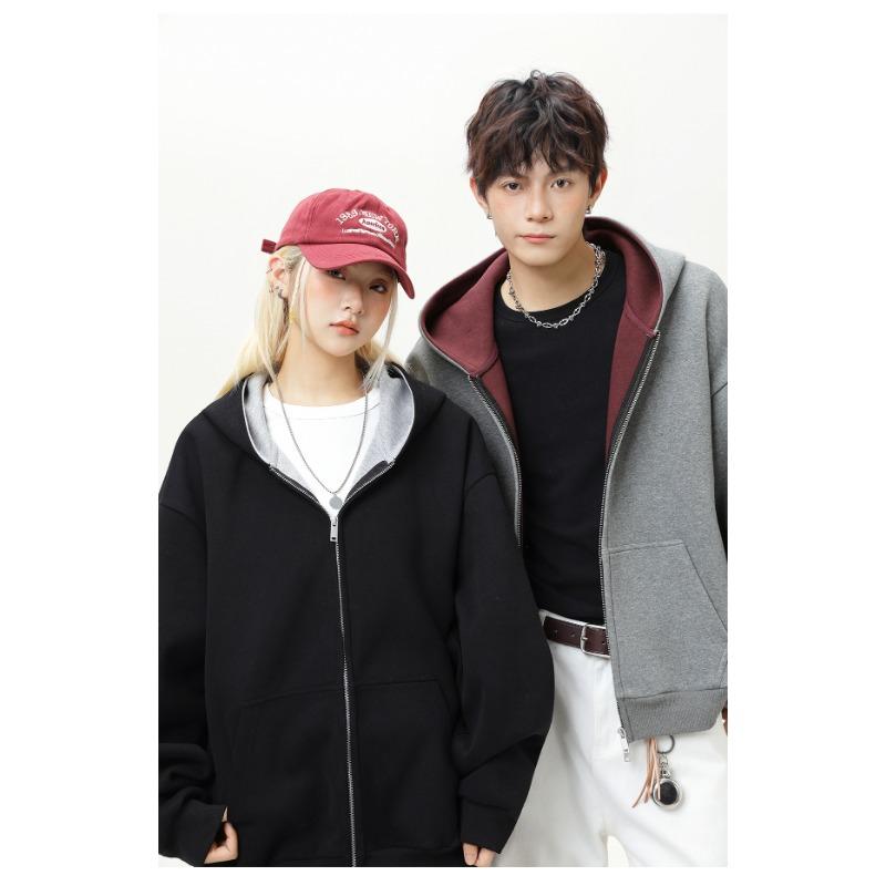 Men Heavy Weight American Color Block Loose Hooded Long Sleeve Zip Up Casual Hoodie Jacket