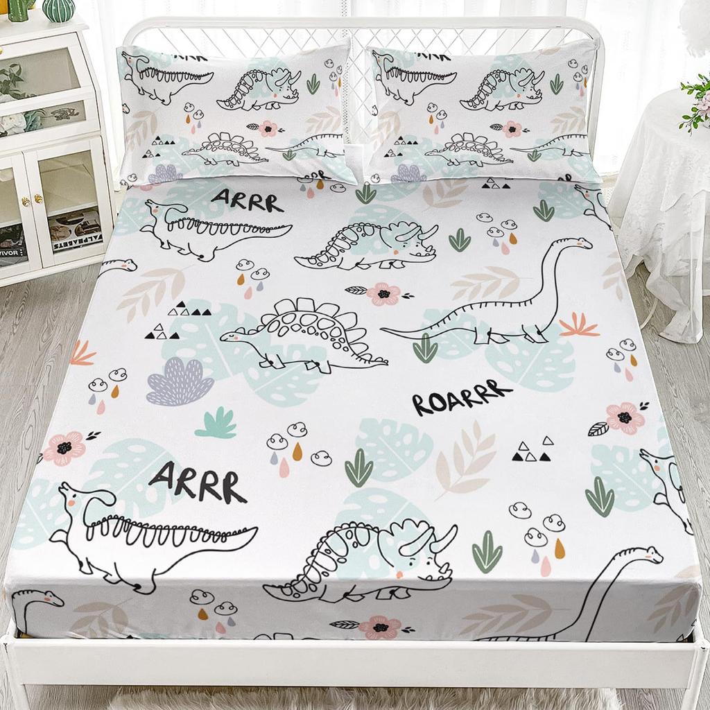 Mehrfarbiges Cartoon-Dinosaurier-Muster Bettmütze Dreiteiliges Digitaldruck Niedliches Muster Bettwäscheset