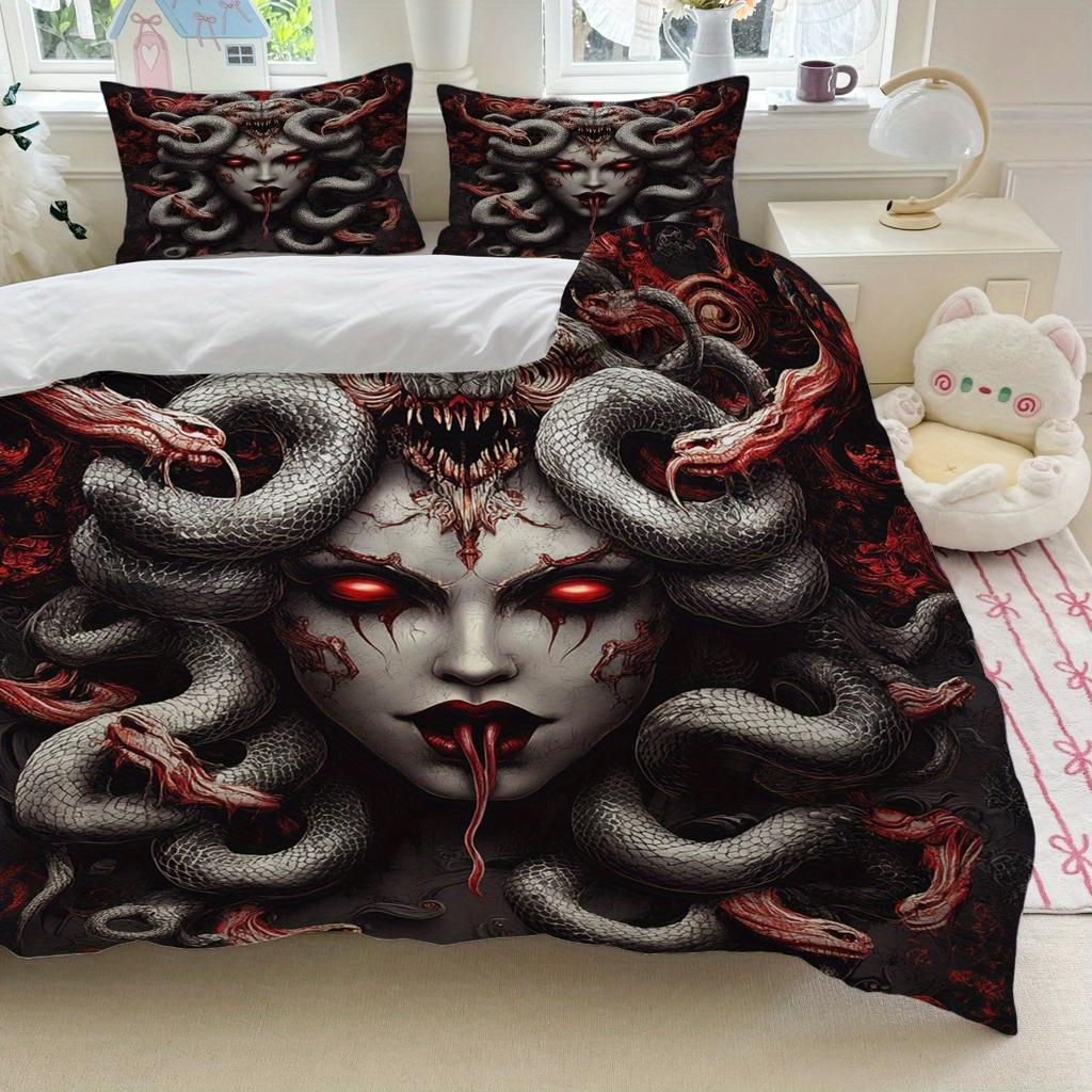 3pcs Gothic Medusa Beding Set Black Red Snake Print Soft Duvet Cover Set King Quen Twin Sized Dimensions Birthday Gift Bedrom Decor