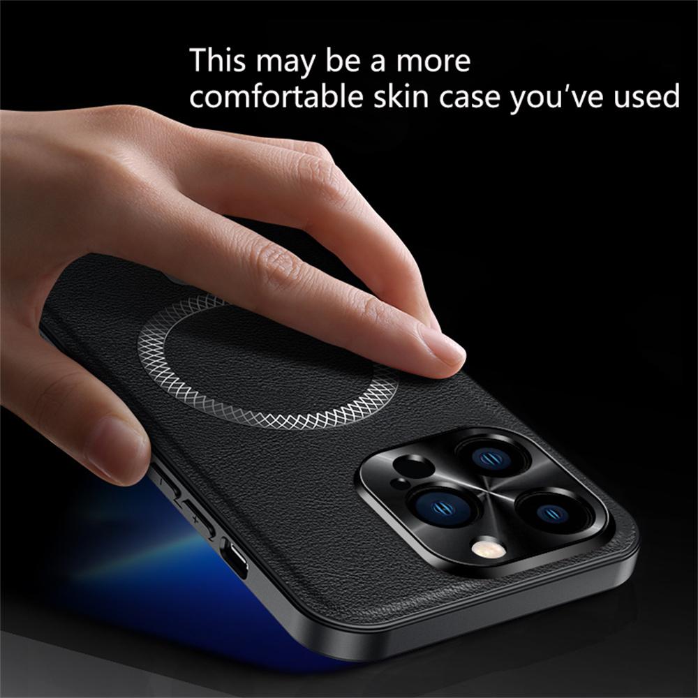 For iPhone 15 Pro Max Case Compatible with MagSafe PU TPU PC Phone Back Cover with Metal Lens Frame