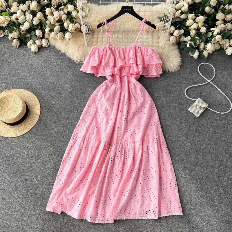 

Off-the-Shoulder French Summer Crocheted Temperament Camisole Dress Pink All yards