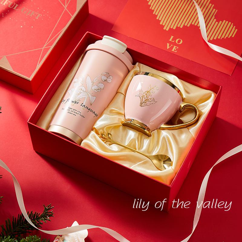 316 Stain Steel Thermos Cups 500ml Coffee Mug with Spoon Set of 3, Floral Ceramic Mug Gift Box for Birthday Wedding Christmas Valentine's Day