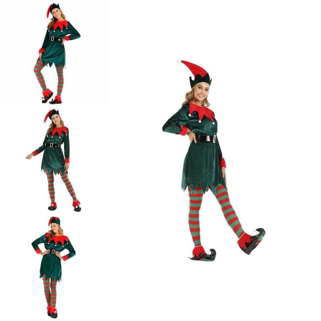 Women's Xmas Elf Cosplay Costume Soft Velvet Skirt With Bells Serrated Cuffs