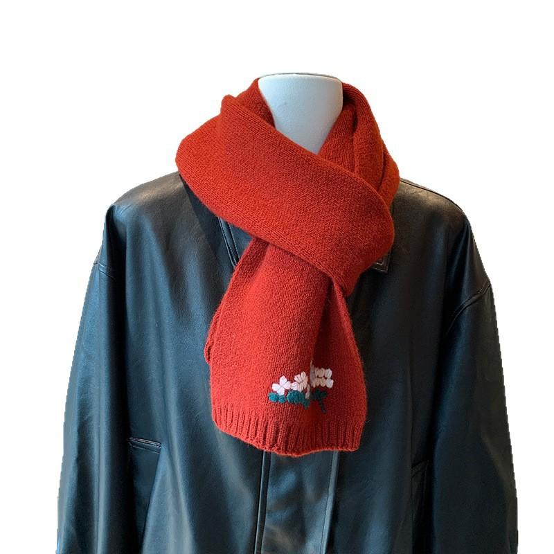 Korean 111 Embroidery Flowers Autumn and Winter Warm Premium Atmosphere Knitted Scarf Atmosphere Scarf