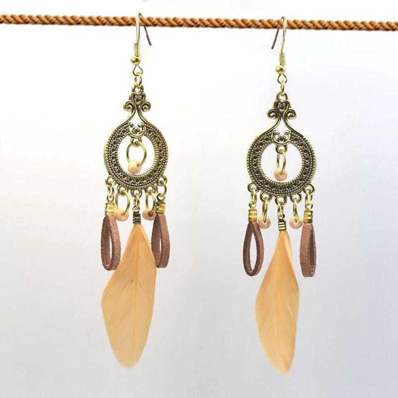 Ethnic Style Long Feathered Fringed Earrings Retro Bohemian Travel Auction Earrings Jewelry