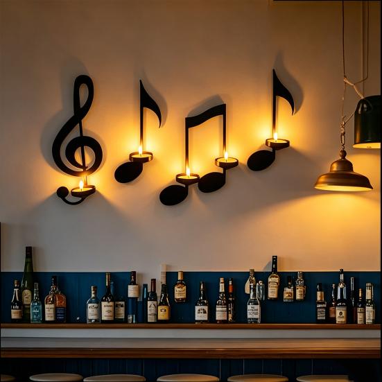 Black Music Note Wall Sconce Metal Wall Mounted Candle Holder Musical Symbol Tea Light Holder Rack for Living Room Dining Room