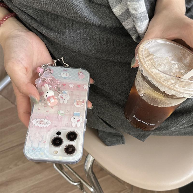 Cherry Blossom Rabbit Plaid iPhone Case for 13/14/15/16 Pro Max - Japanese Korean Style