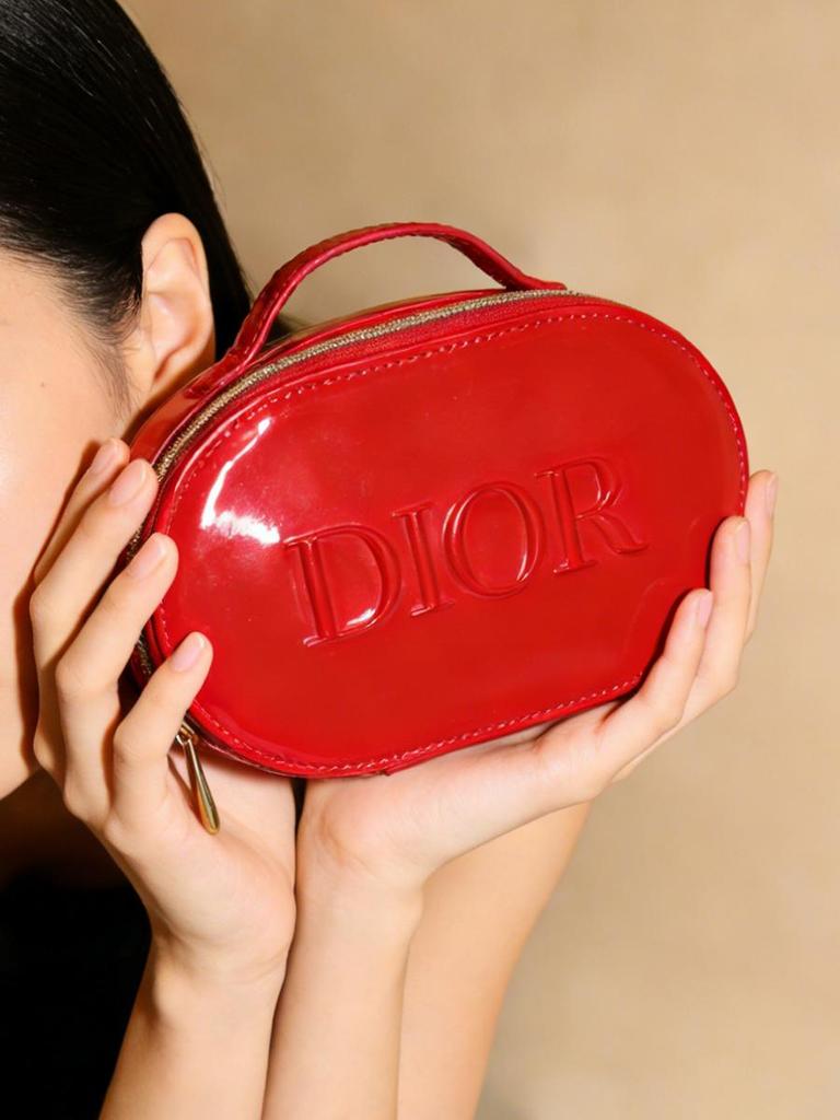 Dior Red Glossy Cosmetic Bag with Handle, Portable Travel Makeup Organizer
