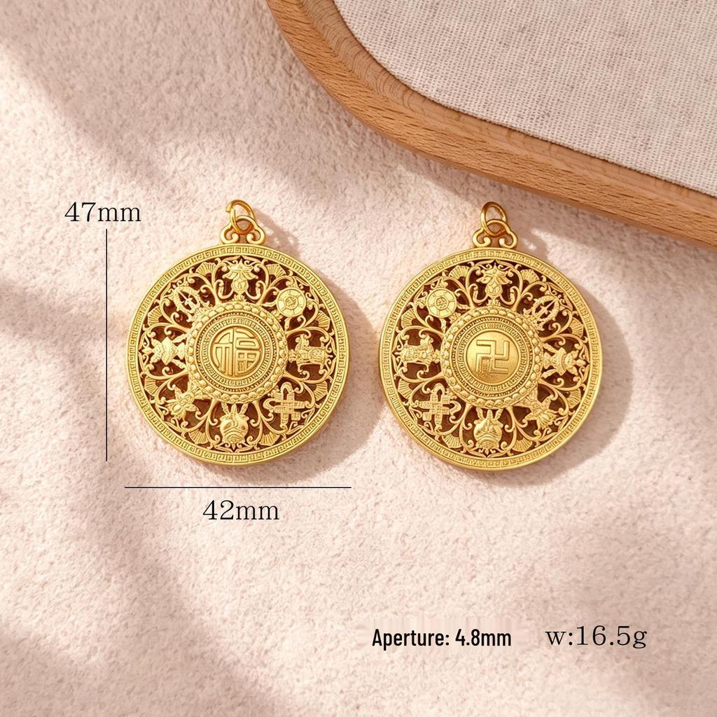 Copper-Plated Auspicious Eight Treasures Compass Pendant Necklace with 24K Gold and Strong Color Retention.