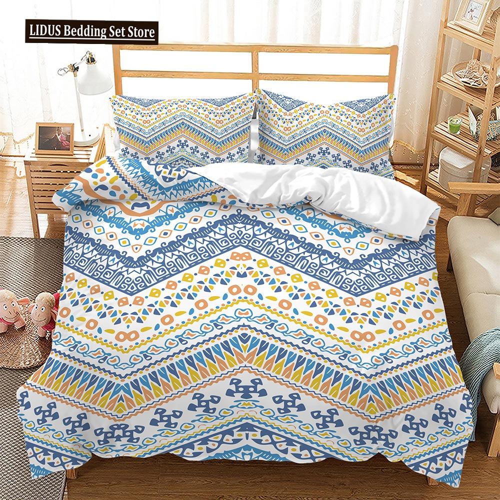 Bohemian Duvet Cover Set 3 Pieces Trellis Striped Ethnic Boho Vintage Quilt King Queen For Boy Girls Teens Polyester Bedding Set
