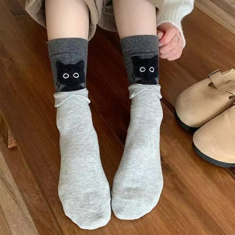 2026 Korean Cute Cartoon Kitten Mid-tube Socks Women's Autumn Winter Warm Stacking Socks Kawaii Cat Print Cotton Soft Long Sock