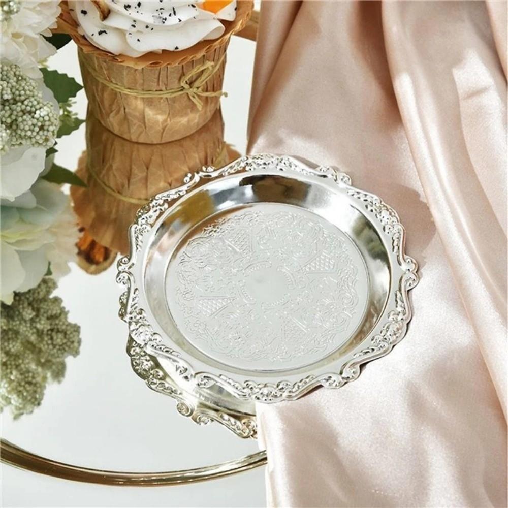 Golden Silver Cake Tray Round Dinner Serving Tray Retro Fruit Snack Plate  Party Decorative