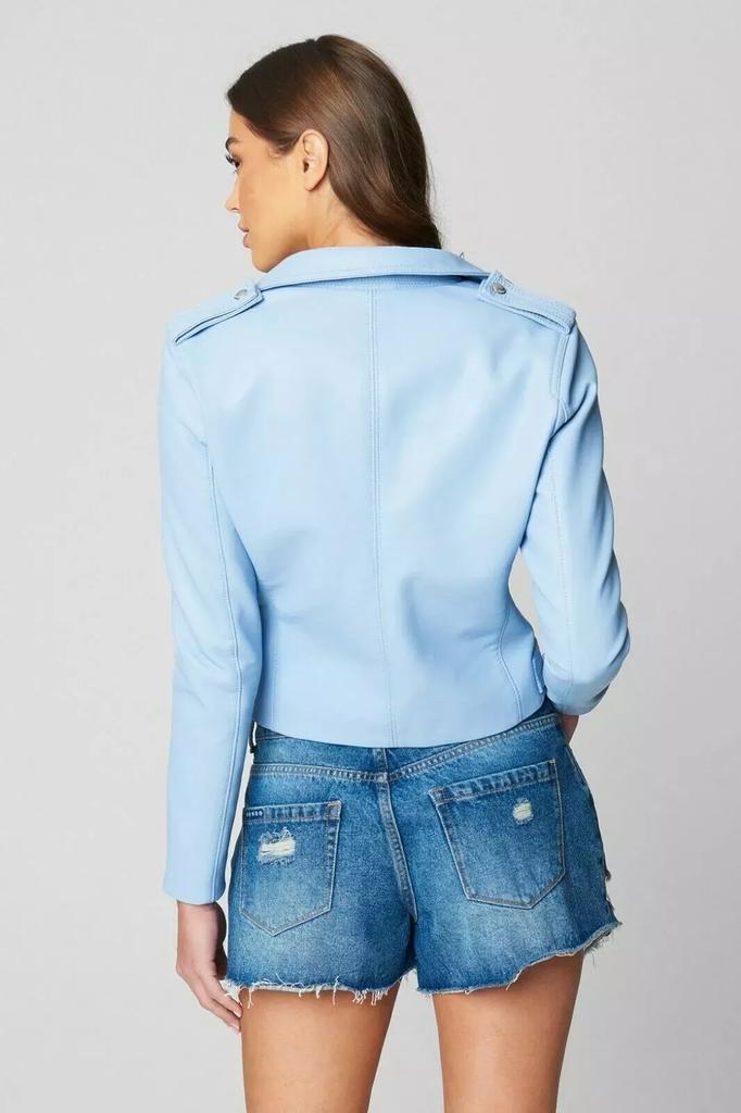 Womens Leather Jacket Stylish Blue Biker Pure Sheepskin Leather Handmade Casual