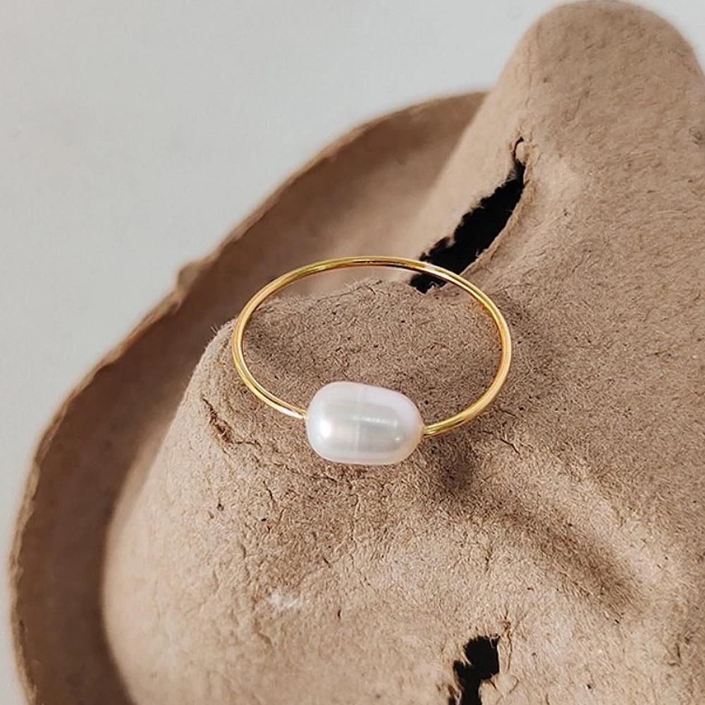 Mariasz Minimalist Dainty Five Simulated Pearls Stainless Steel Rings for Women Stackable Gold Knuckle Jewelry Waterproof